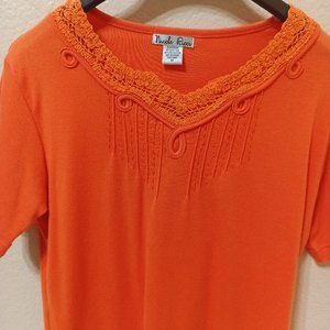 NWOT, Women's Top, Beaded, Crochet Neckline, Orange, Medium, W-18", L-23 1/2"